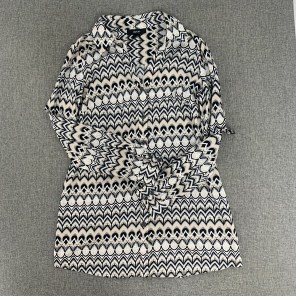 Alfani Button Down‎ Long Blouse Long Roll Up Sleeves Size 8 Black White Grey Tan